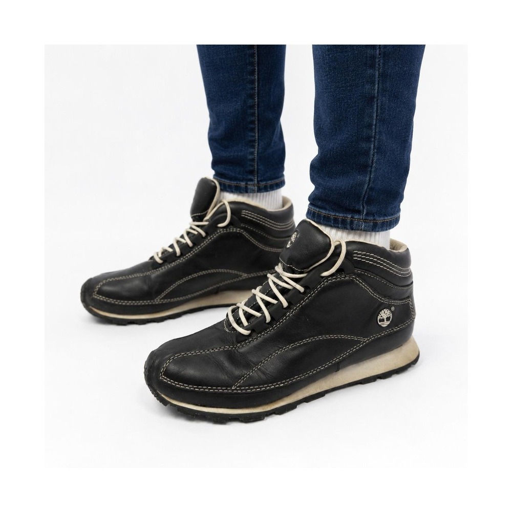 Timberland Women Blck Leather Hightop Sneaker Boots ContrastStitch 17346 Sz 6.5M